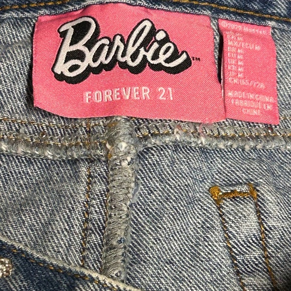 Barbie X Forever21 Rhinestone Distressed Stonewash Denim Mini Skirt Logo Women M - Picture 8 of 11